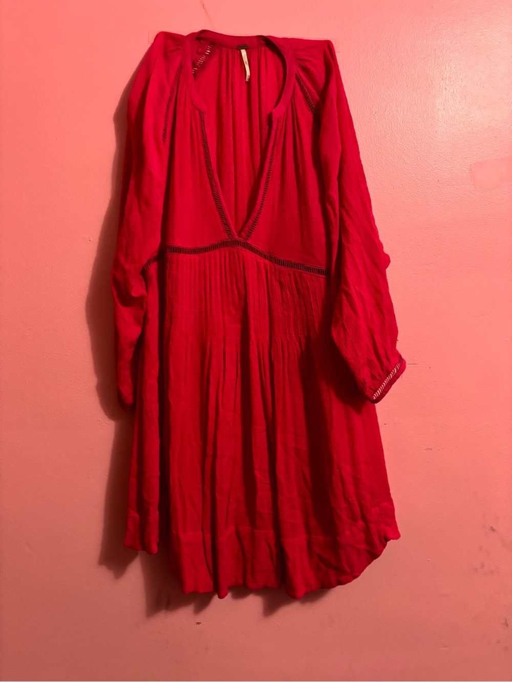 Free People Hot pink V‑Neck Long Sleeve Peasant Dress